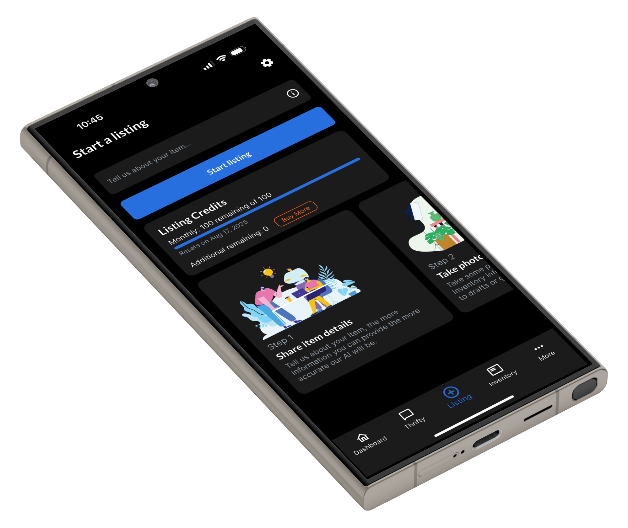 Start listing screenshot