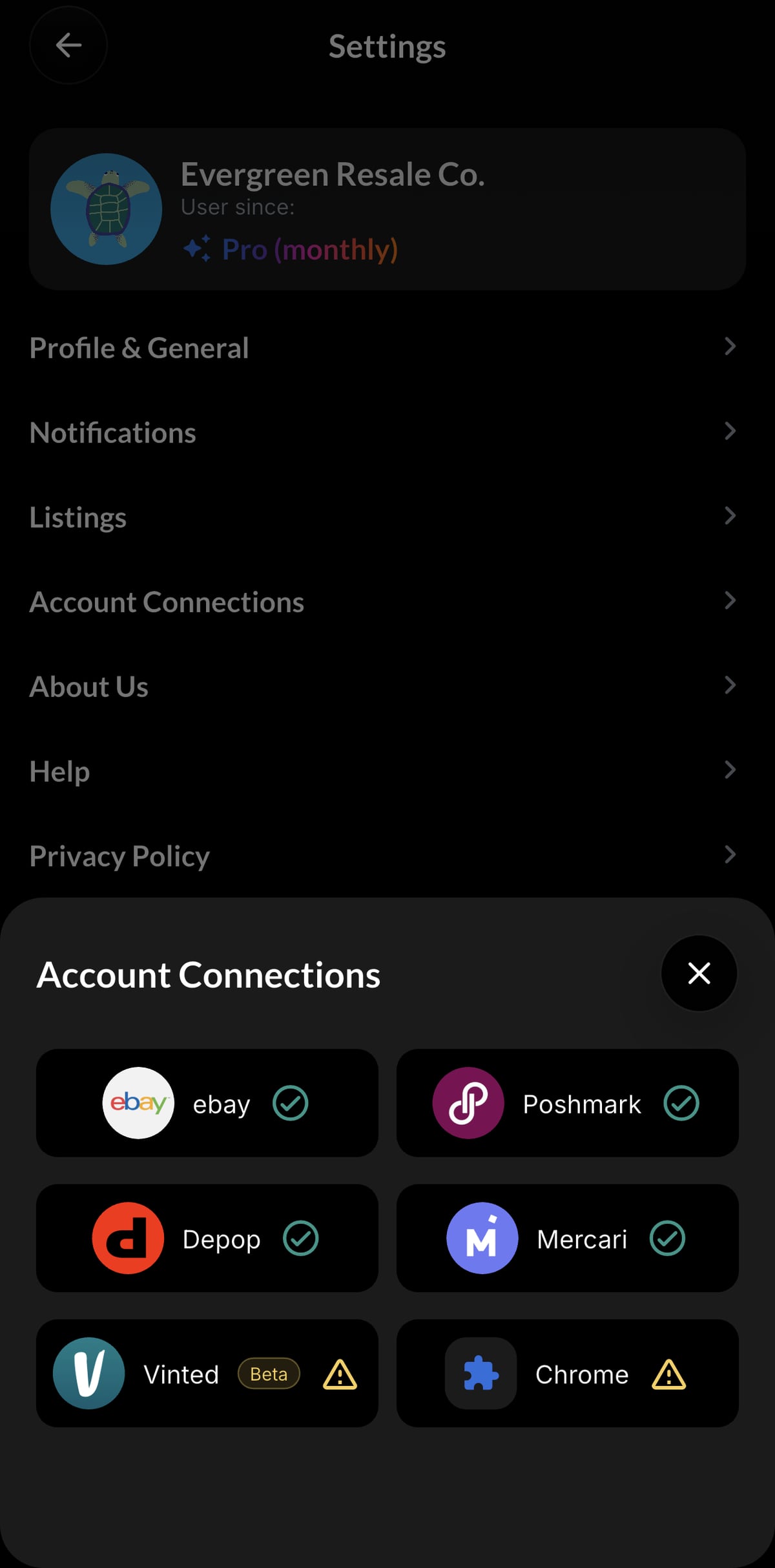 Resylr marketplace account connections screen for crossposting