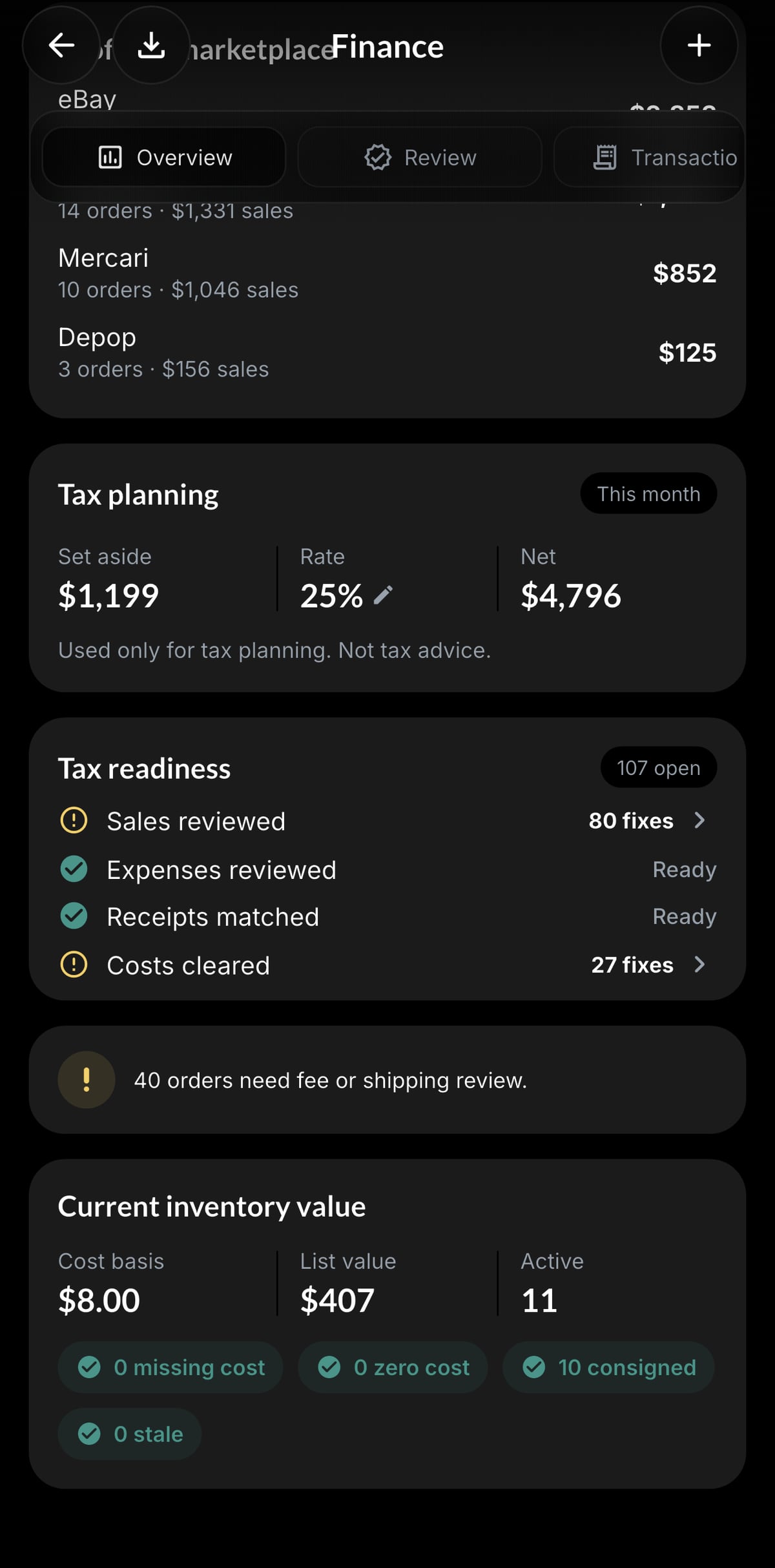 Resylr accounting dashboard with reseller sales and profit records