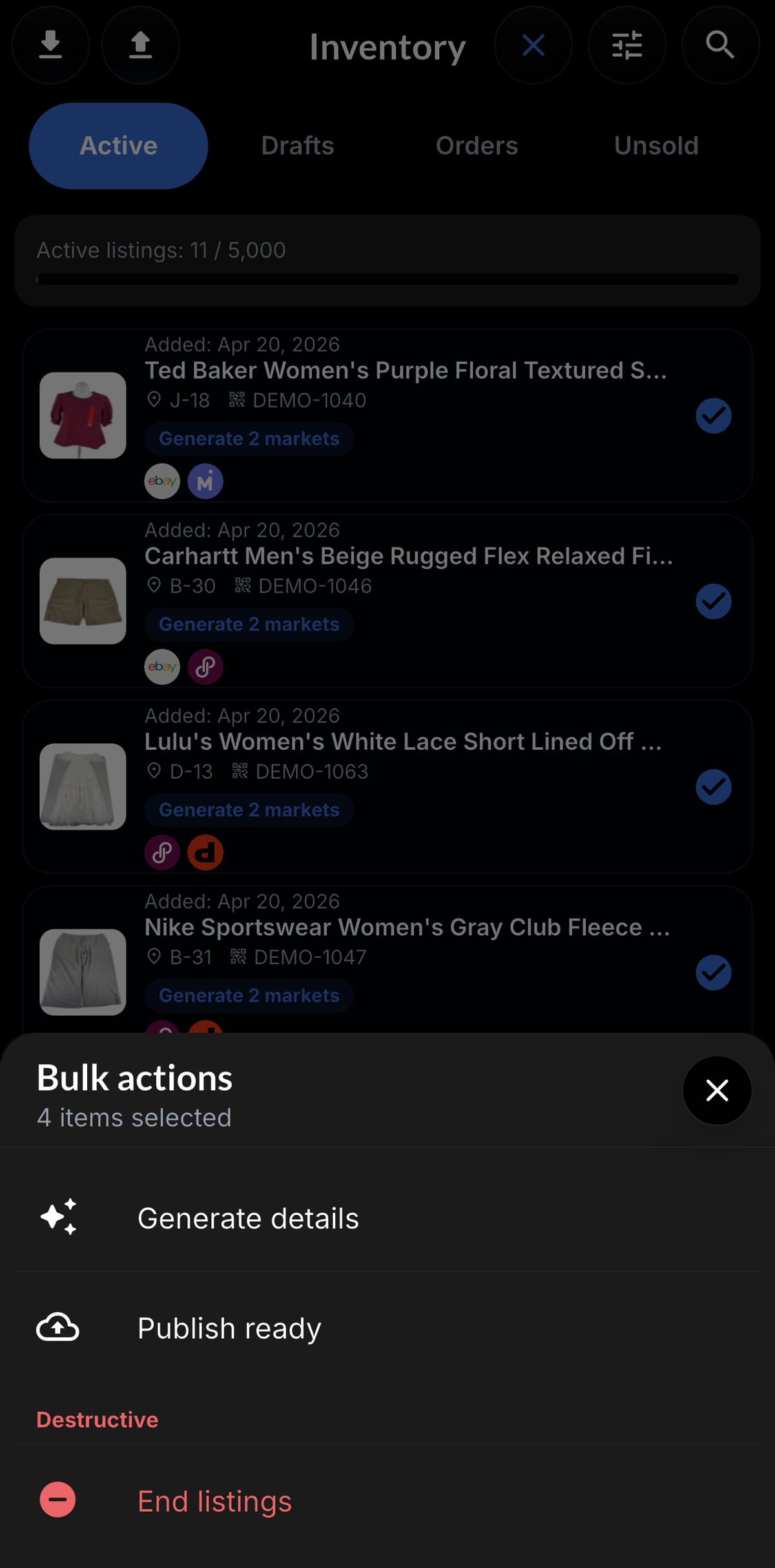Resylr bulk inventory actions screen connected to synced marketplace inventory