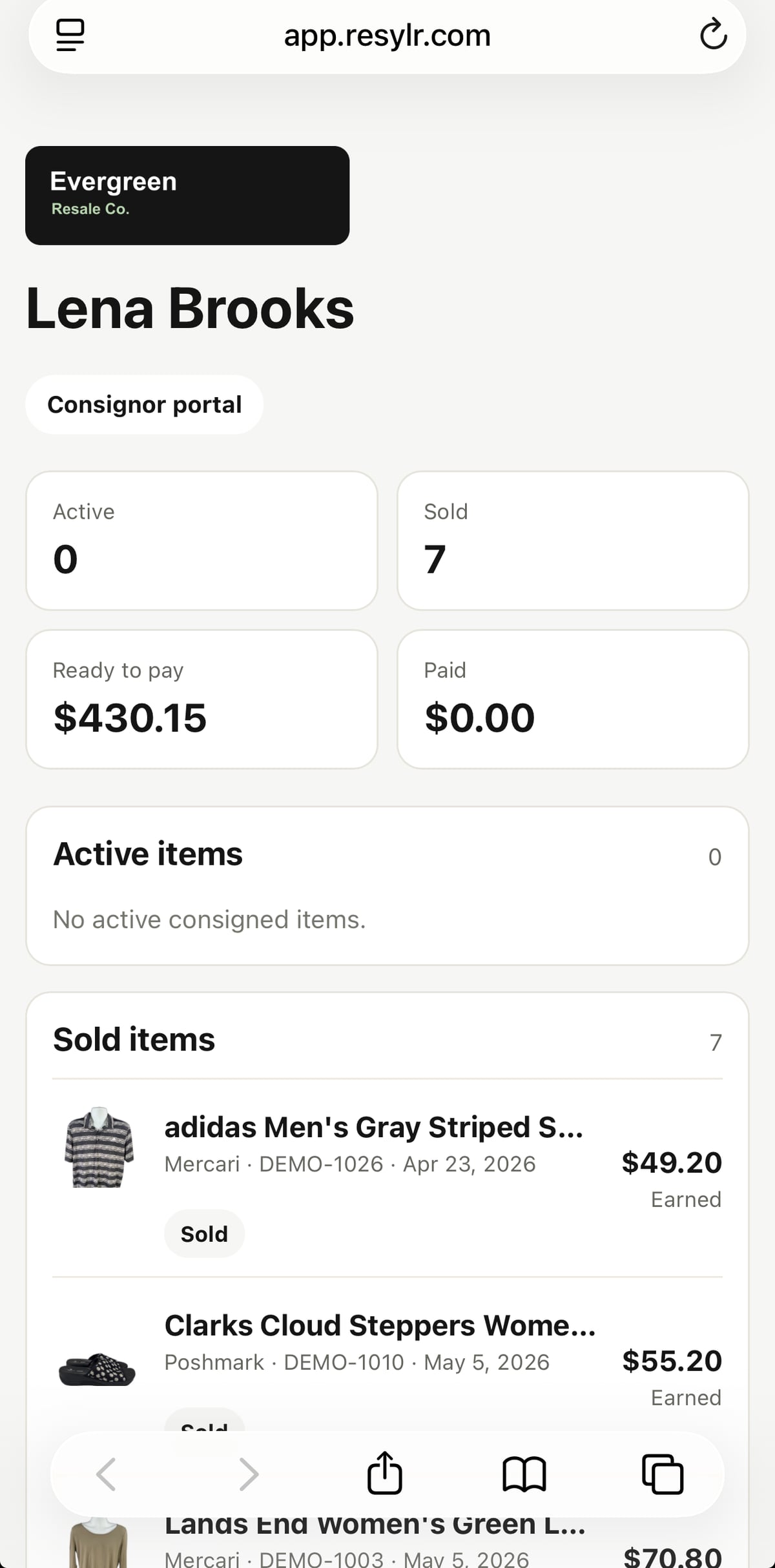 Resylr consignor portal screen for reseller consignment records