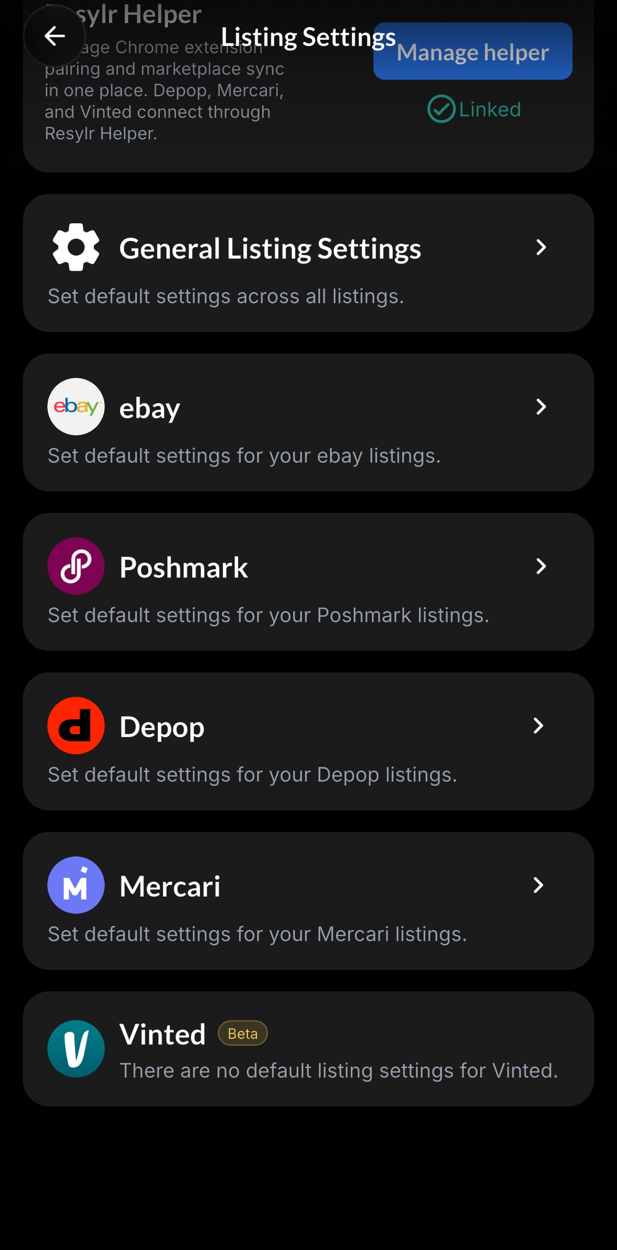 Resylr default listing settings screen for marketplace-specific listing drafts