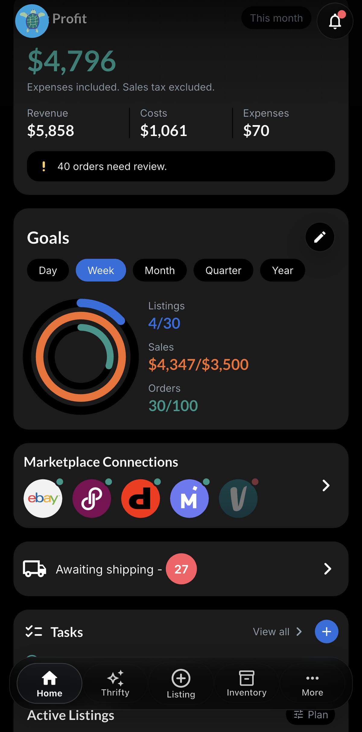 Resylr goal tracking screen for reseller analytics