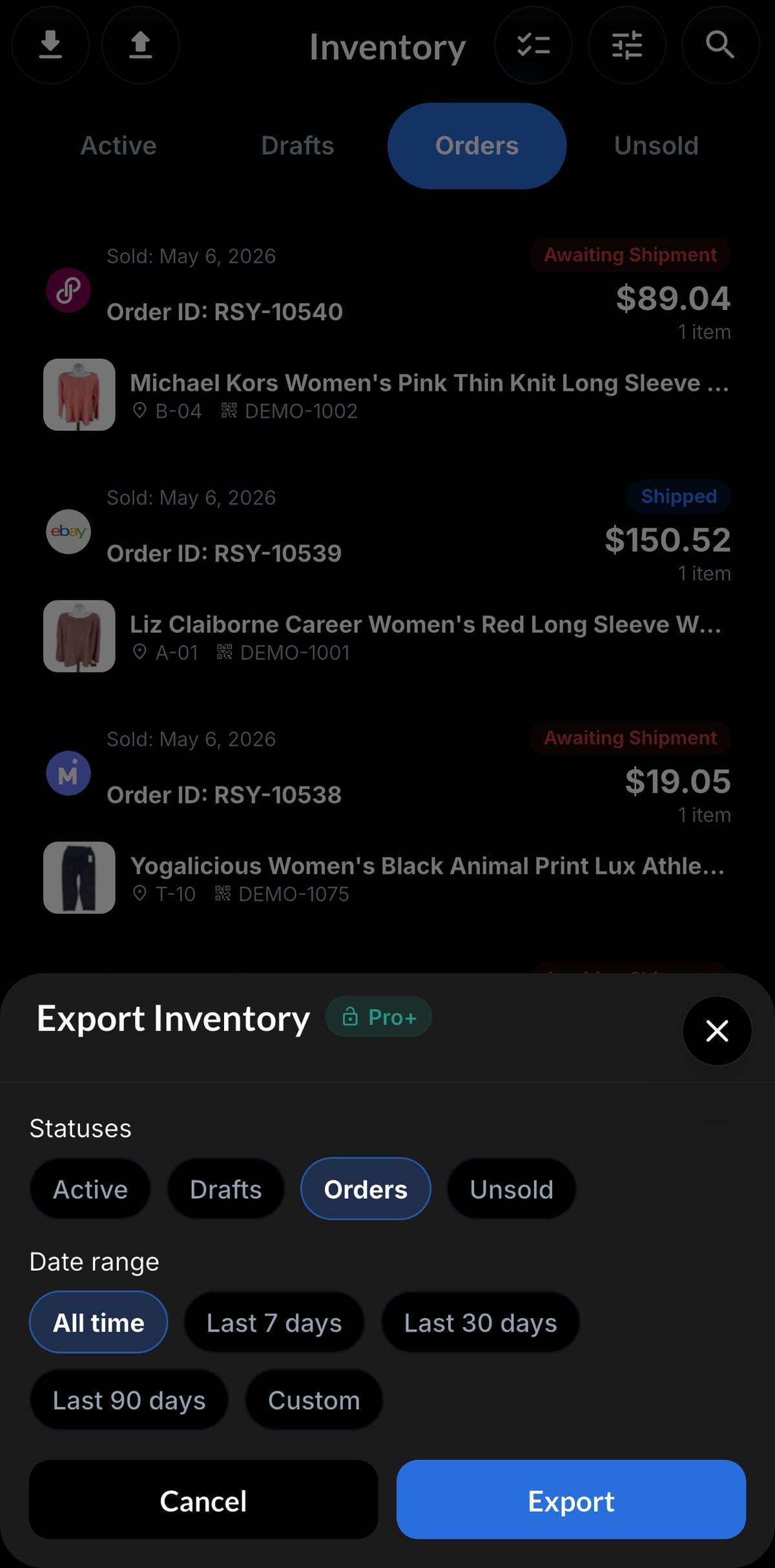 Resylr inventory export screen for reseller business records