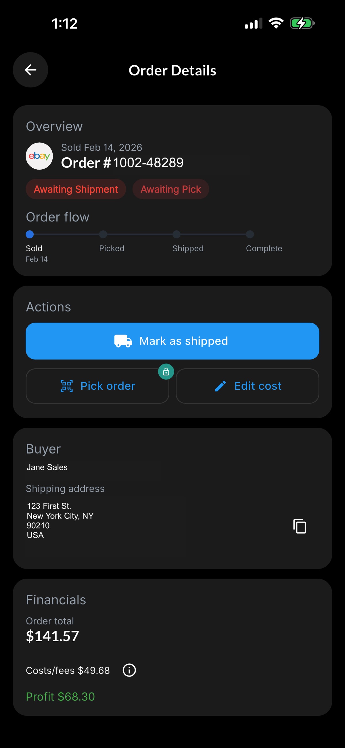Resylr order details screen for post-sale workflow