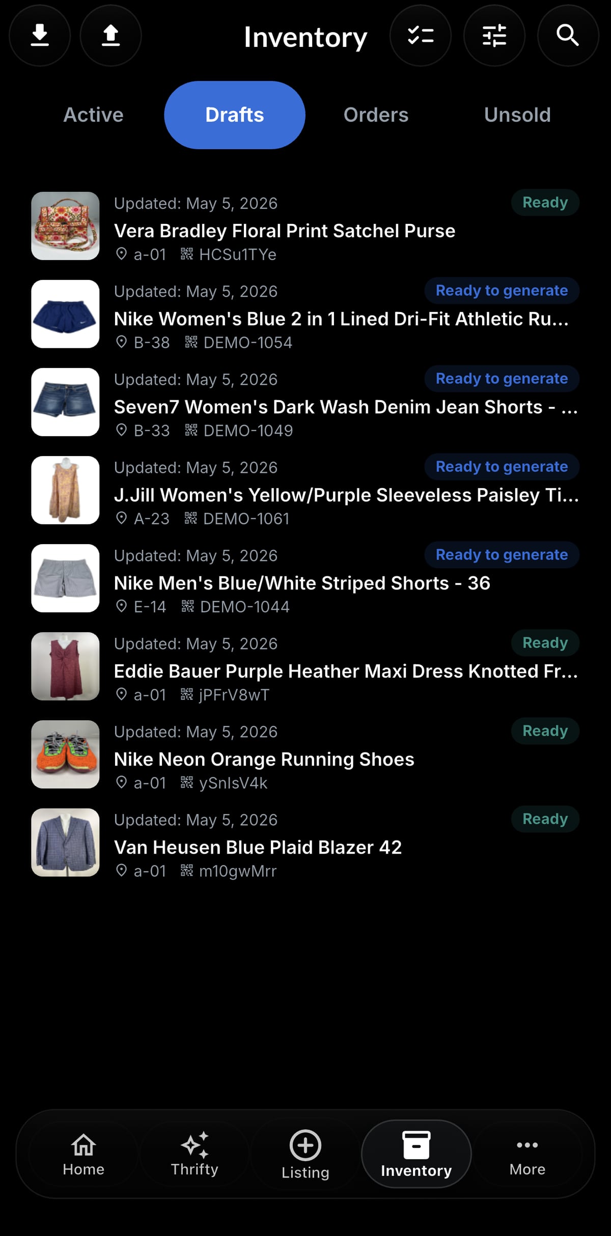 Resylr saved drafts screen for reseller listings