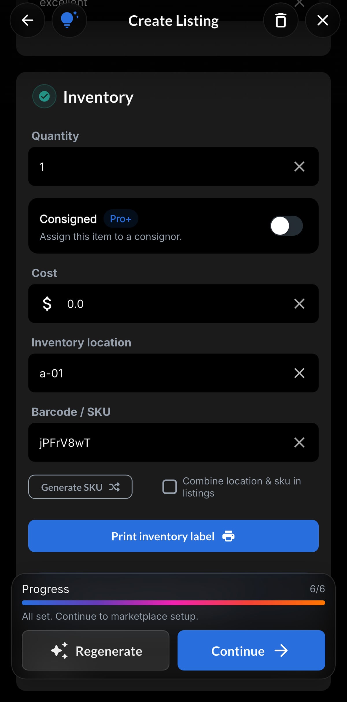 Resylr SKU and bin tracking screen for reseller inventory